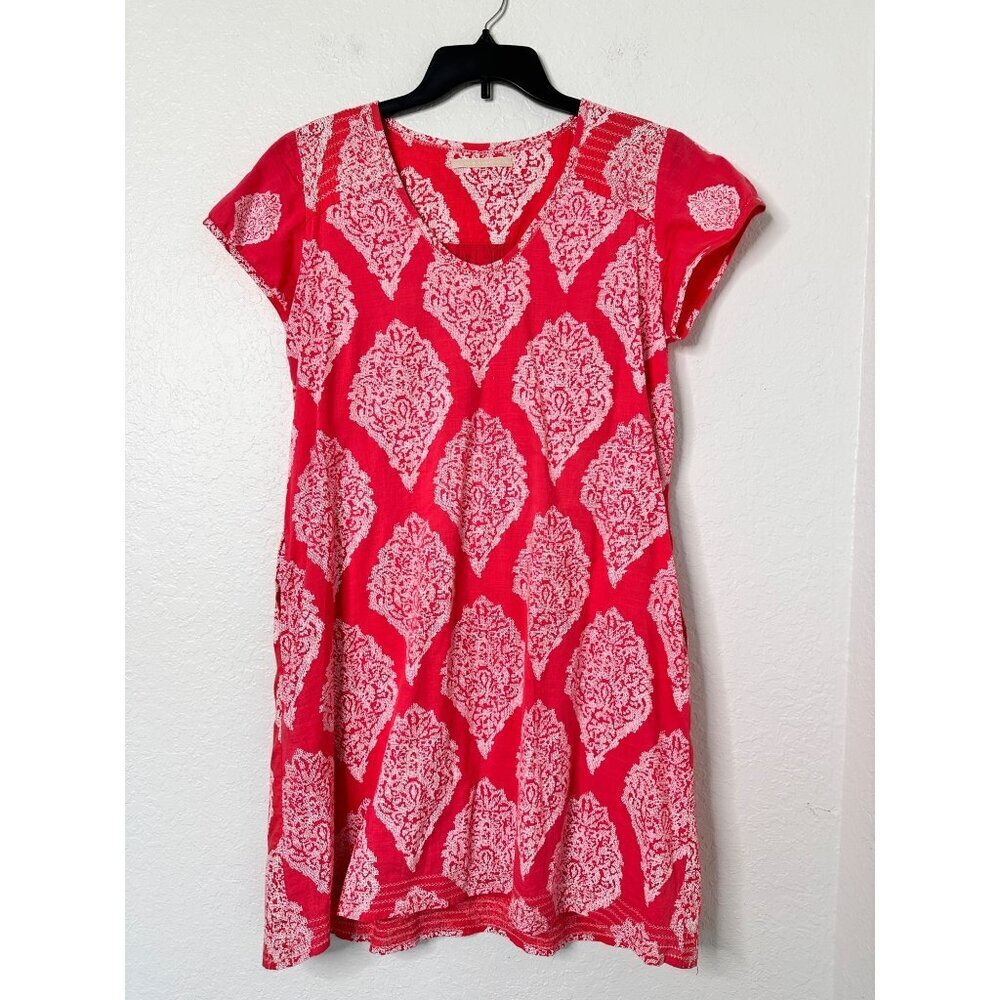Lola Australia Womens Pink Smocked Back Waist V-Neck Dress‎ Sz M Pockets